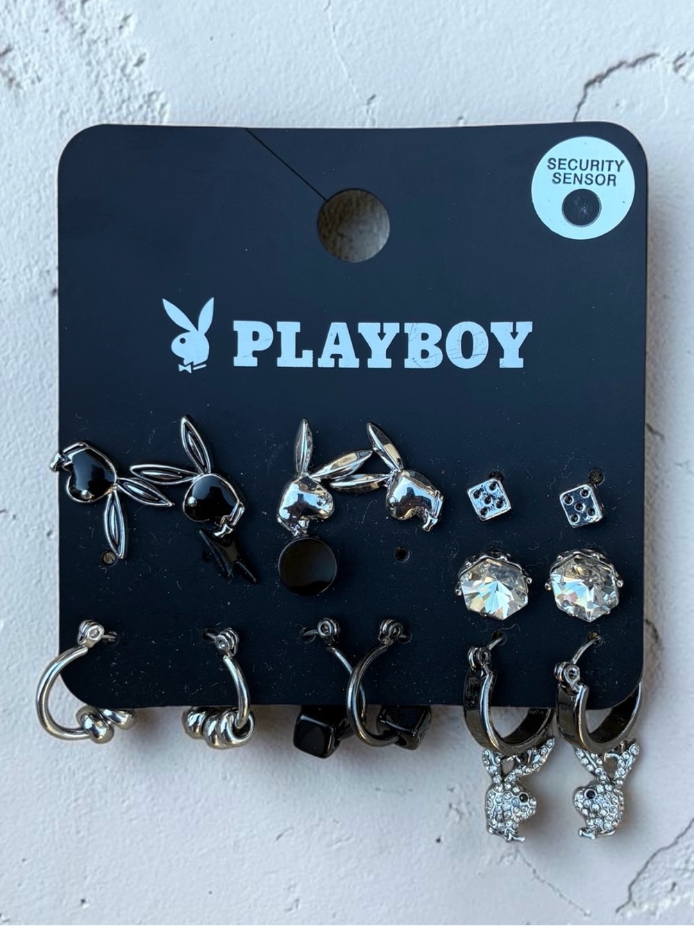 PLAYBOY Silver-Tone Bunny Earring Set with Black and Clear Accents